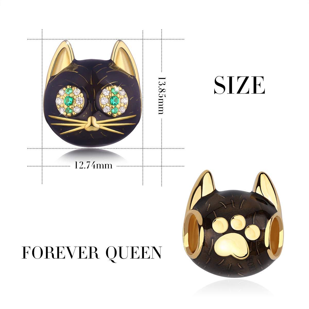 FOREVER QUEEN Black Cat Charm in 925 Sterling Silver with Black Enamel& 5A Zircon for Bracelet Necklace, Animal Head Bead Charm- Your Lucky Cat Women Men Boys Gifts