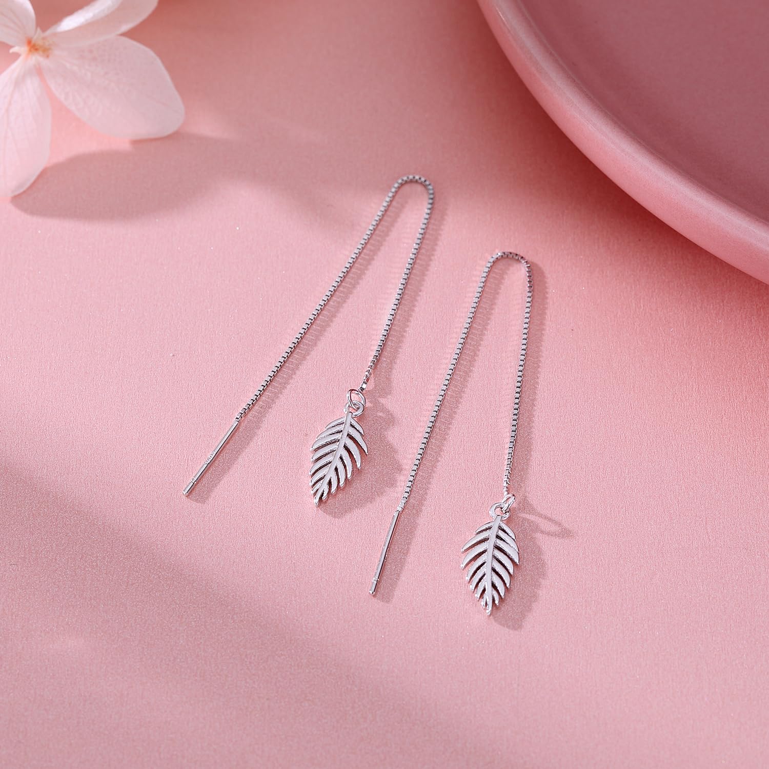 SLUYNZ 925 Sterling Silver Threader Earrings Chain for Women Teen Girls Ear Line Dangling Earrings Chain (Leaf Threader Earrings)