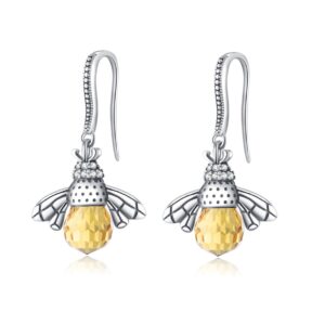 SLUYNZ 925 Sterling Silver Queen Bee Dangle Earrings for Women Mother's Day Gifts Crystal Bee Drop Earrings (A-Silver)