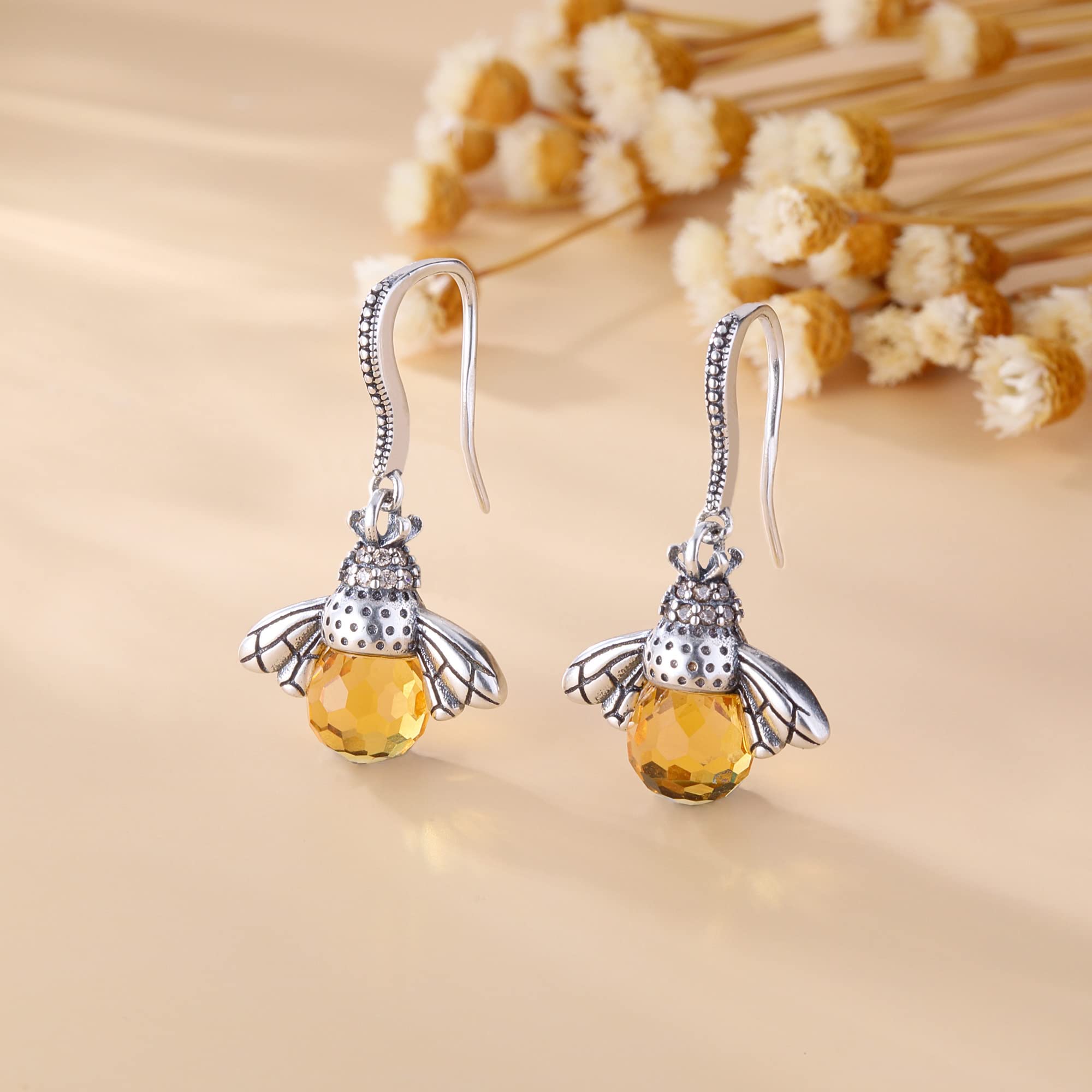 SLUYNZ 925 Sterling Silver Queen Bee Dangle Earrings for Women Mother's Day Gifts Crystal Bee Drop Earrings (A-Silver)