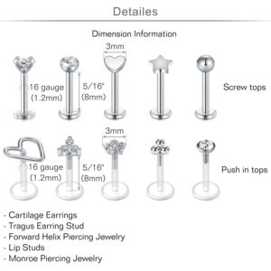 MODRSA 16G Forward Helix Earring Cartilage Earring Tragus Earrings Stud 8mm Stainless Steel Flexible Plastic Lip Rings Labret Studs Labret Piercing Jewelry