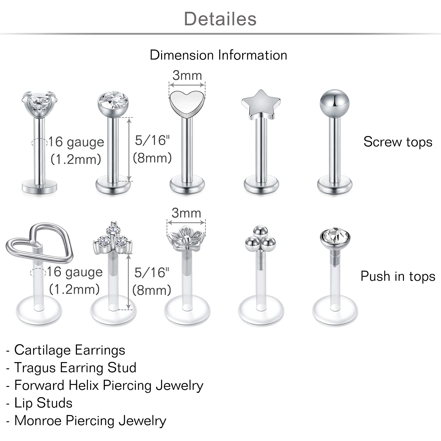 MODRSA 16G Forward Helix Earring Cartilage Earring Tragus Earrings Stud 8mm Stainless Steel Flexible Plastic Lip Rings Labret Studs Labret Piercing Jewelry