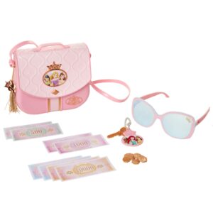 disney princess style collection world traveler purse set bag with strap, sunglasses, key with charm, 5 coins & 8 paper bills for girls ages 3+