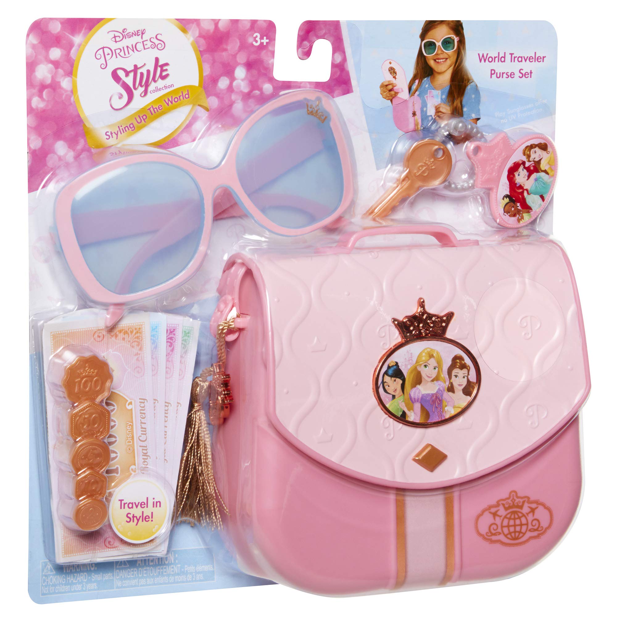 Disney Princess Style Collection World Traveler Purse Set Bag with Strap, Sunglasses, Key with charm, 5 Coins & 8 Paper Bills for Girls Ages 3+