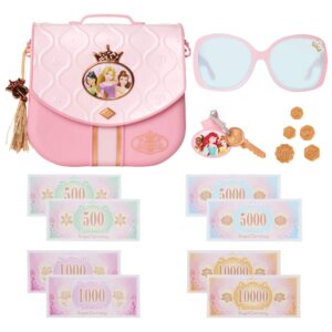 Disney Princess Style Collection World Traveler Purse Set Bag with Strap, Sunglasses, Key with charm, 5 Coins & 8 Paper Bills for Girls Ages 3+