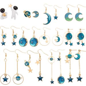 Hicarer 12 Pairs Space Earrings Astronaut Stud Earrings Planet Earrings Dangle Moon Star Asymmetrical Drop Earrings Jewelry for Women