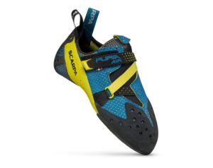 scarpa furia air rock climbing shoes for sport climbing and bouldering - specialized performance for sensitivity and breathability - baltic blue/yellow - 7-7.5