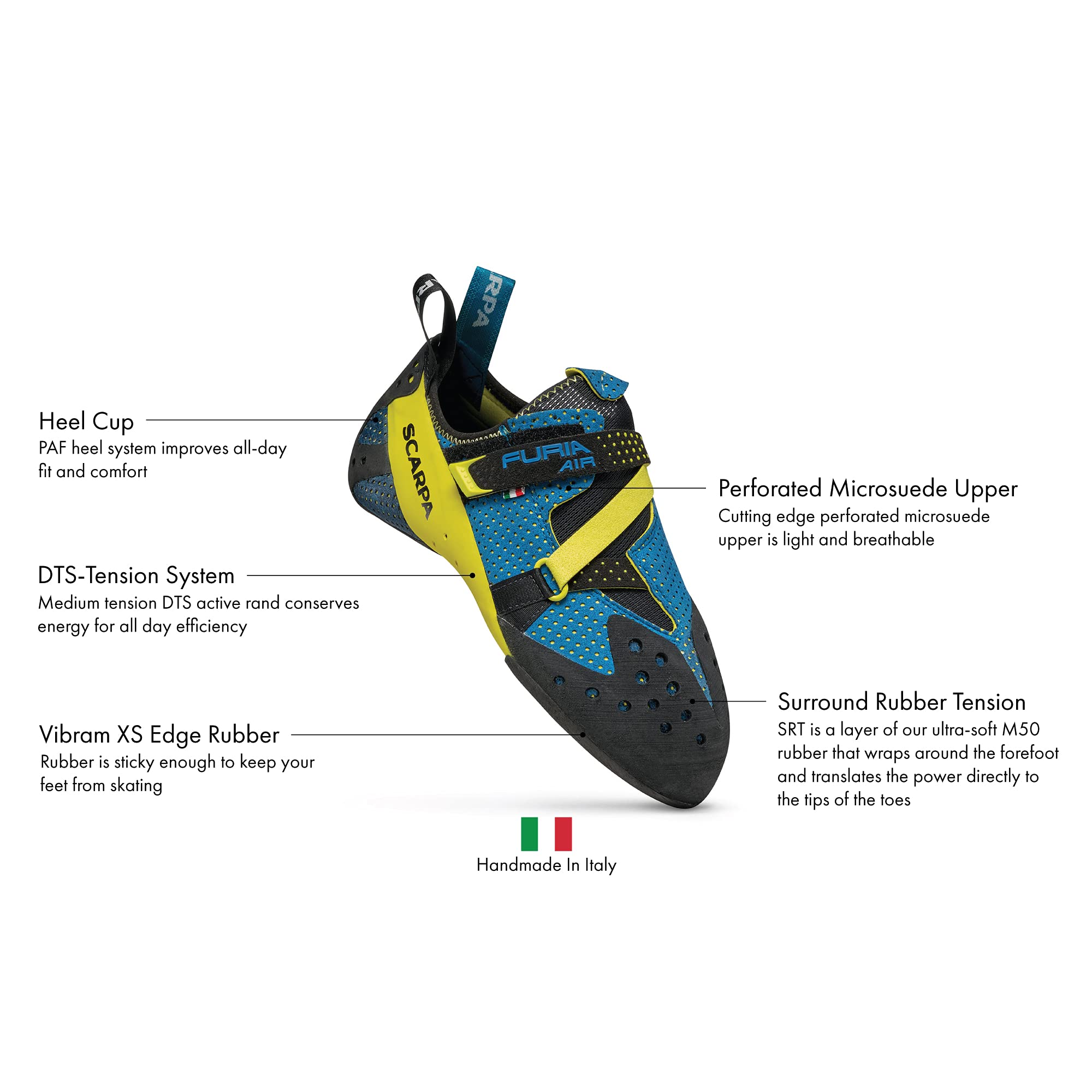 SCARPA Furia Air Rock Climbing Shoes for Sport Climbing and Bouldering - Specialized Performance for Sensitivity and Breathability - Baltic Blue/Yellow - 7-7.5