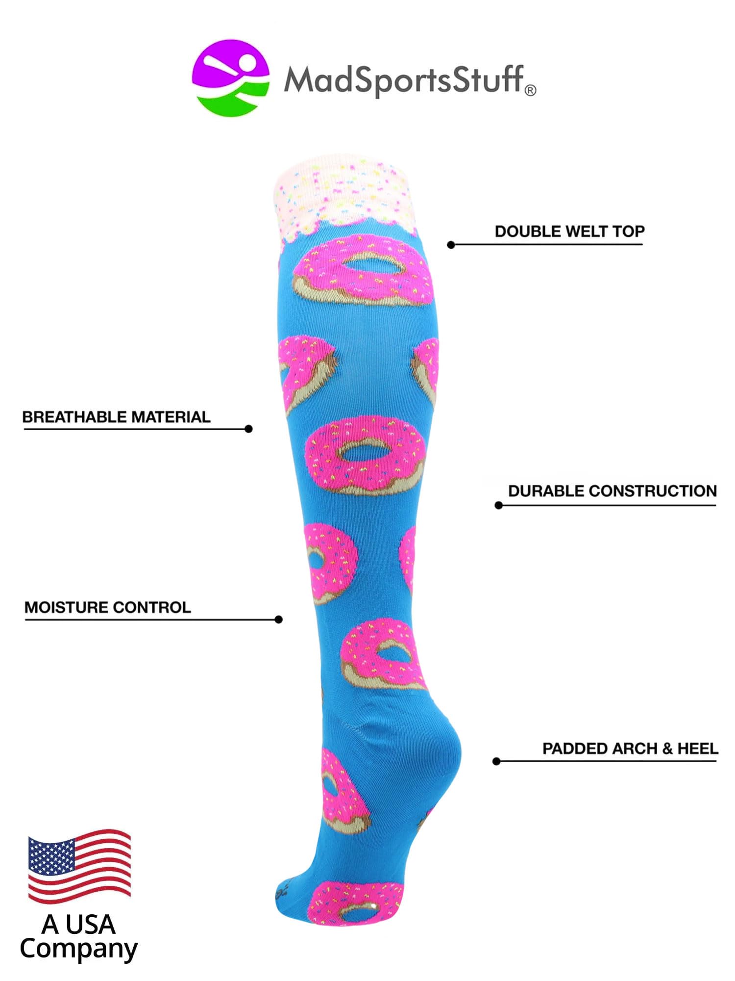 MadSportsStuff Donut Over the Calf Socks (Paradise Blue/Neon Pink, Small)