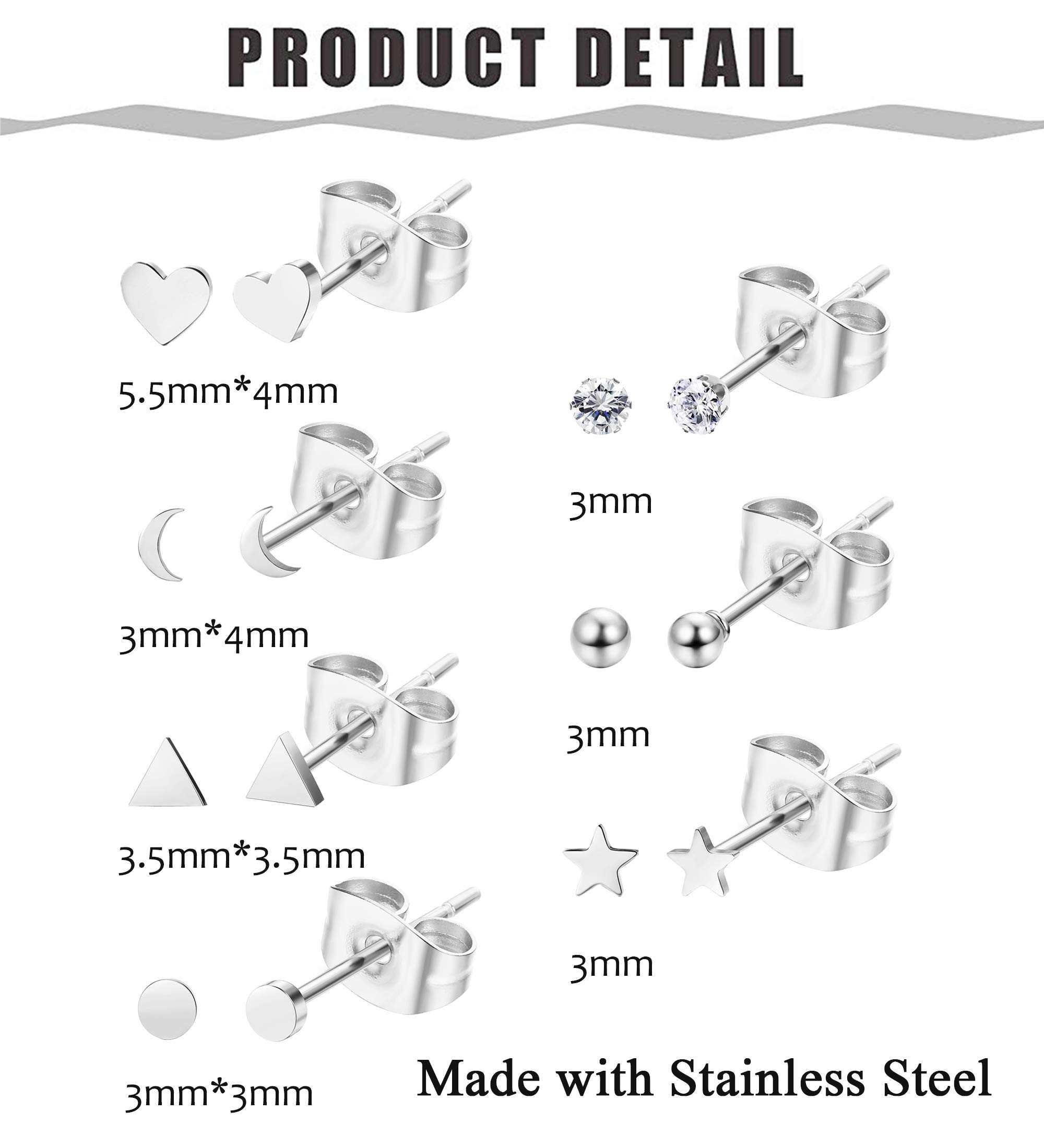 Sllaiss 7 Pairs Tiny Geometric Stud Earrings Set Stainless Steel CZ Ball Heart Star Cartilage Earrings Studs for Women Helix Ear Piercing Set With Gift Box