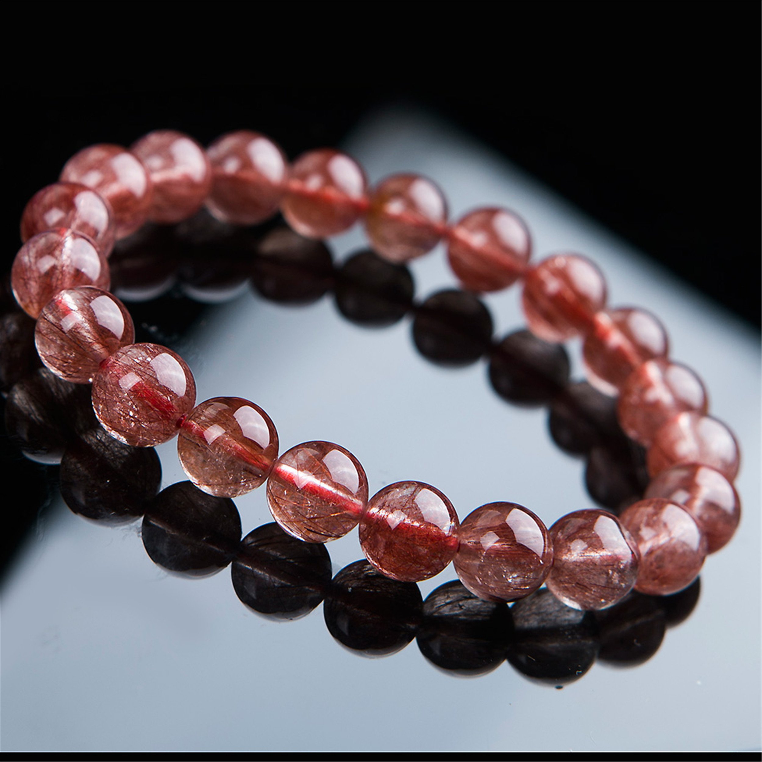 9mm Brazil Natural Red Rutilated Quartz Gemstone Stretch Crystal Round Bead Bracelet