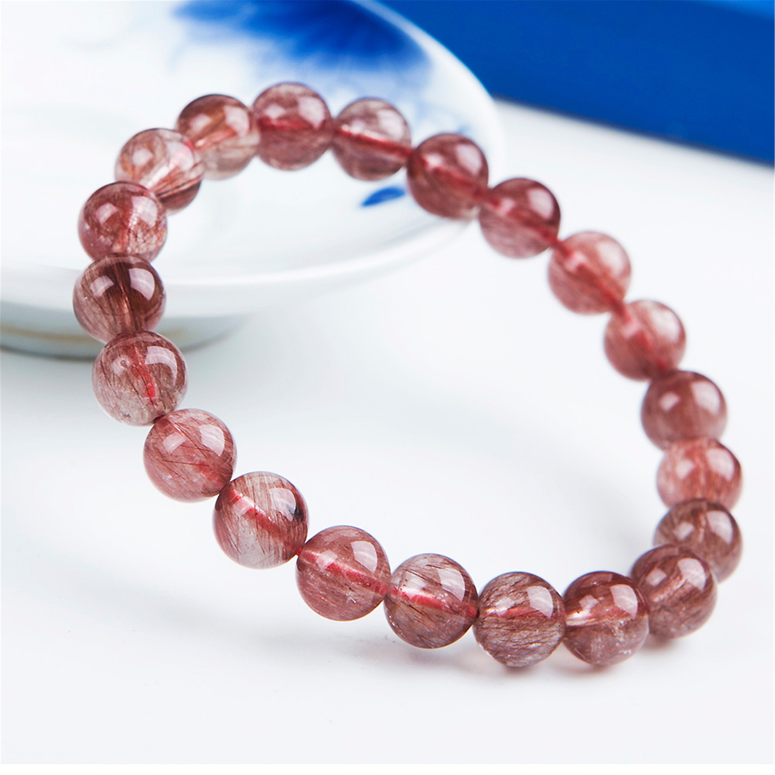 9mm Brazil Natural Red Rutilated Quartz Gemstone Stretch Crystal Round Bead Bracelet