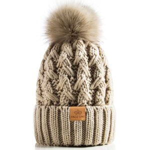 page one womens winter ribbed beanie crossed cap chunky cable knit pompom soft warm hat oatmeal