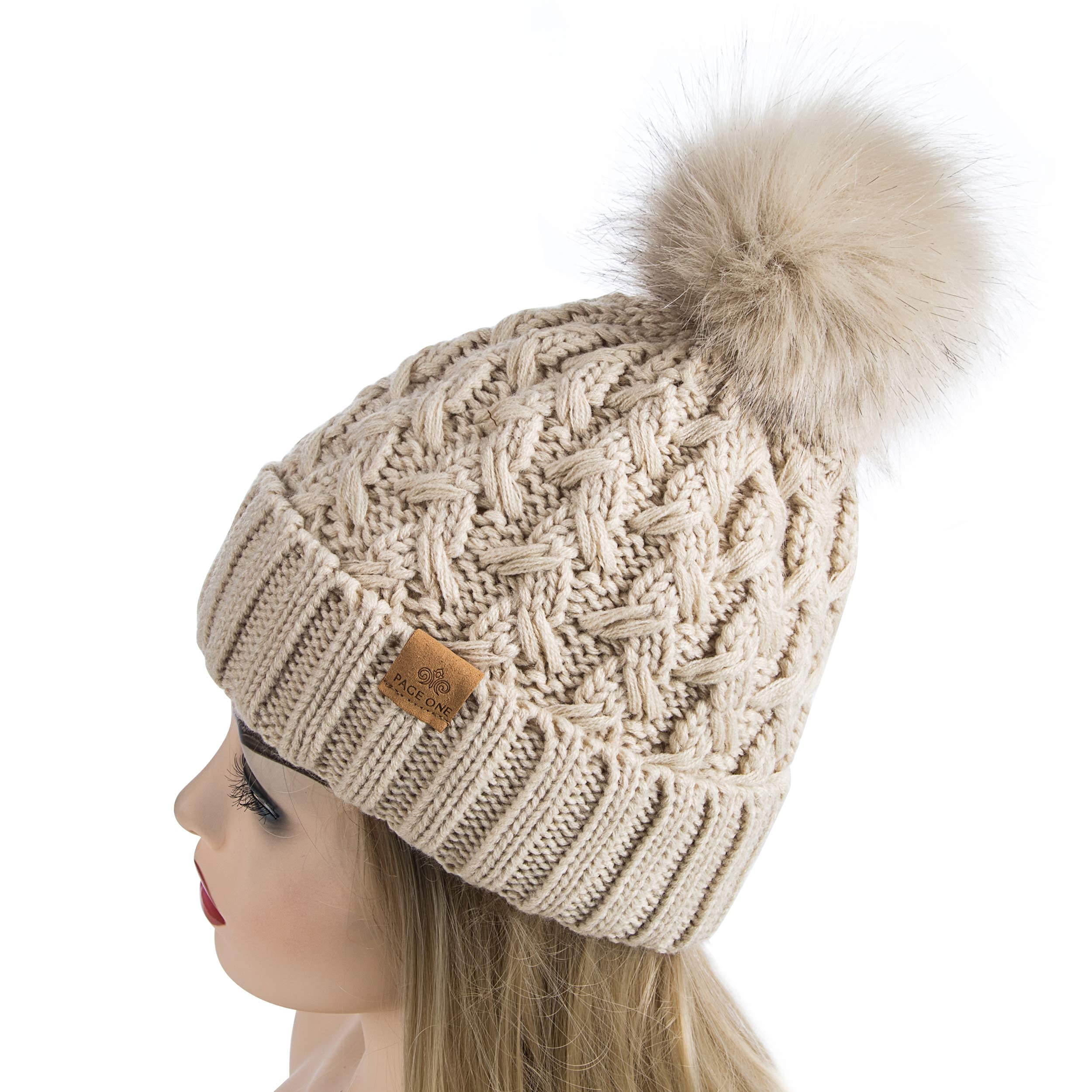 PAGE ONE Womens Winter Ribbed Beanie Crossed Cap Chunky Cable Knit Pompom Soft Warm Hat Oatmeal