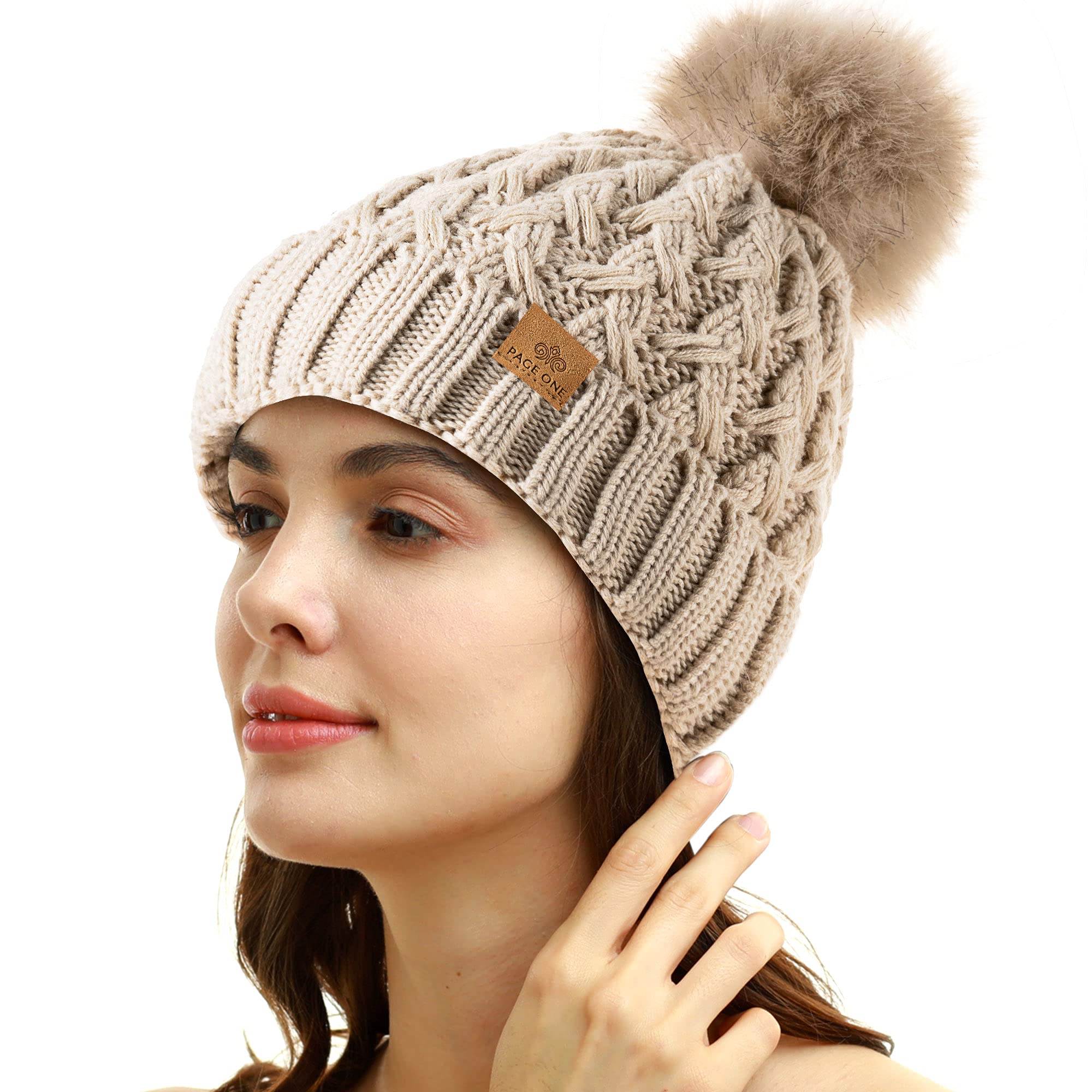 PAGE ONE Womens Winter Ribbed Beanie Crossed Cap Chunky Cable Knit Pompom Soft Warm Hat Oatmeal