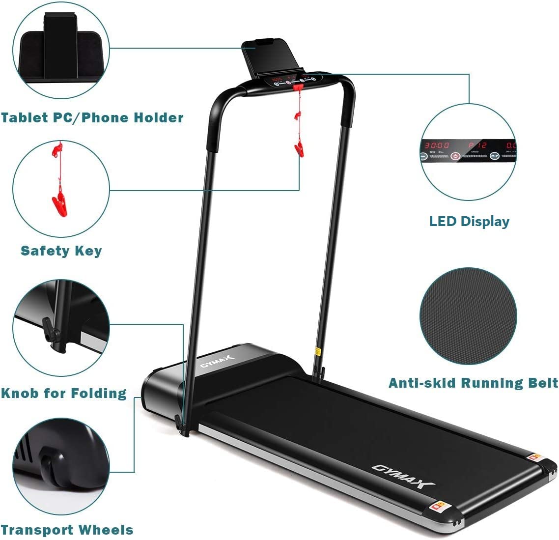 GYMAX Folding Treadmill, Slim Foldable Exercise Running Walking Machine with LED Monitor & Tablet/Phone Holder, Ultra-Thin Installation-Free Treadmill for Home/Gym Black