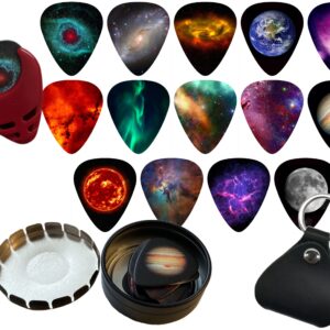 14-Pack Space Universe Guitar Picks Medium .71mm Pack of 14 Epic Guitar Picks with BONUS Guitar Pick Holder (will be random color) Leather Guitar Pick Keychain Holder and Tin Carrying Storage Case