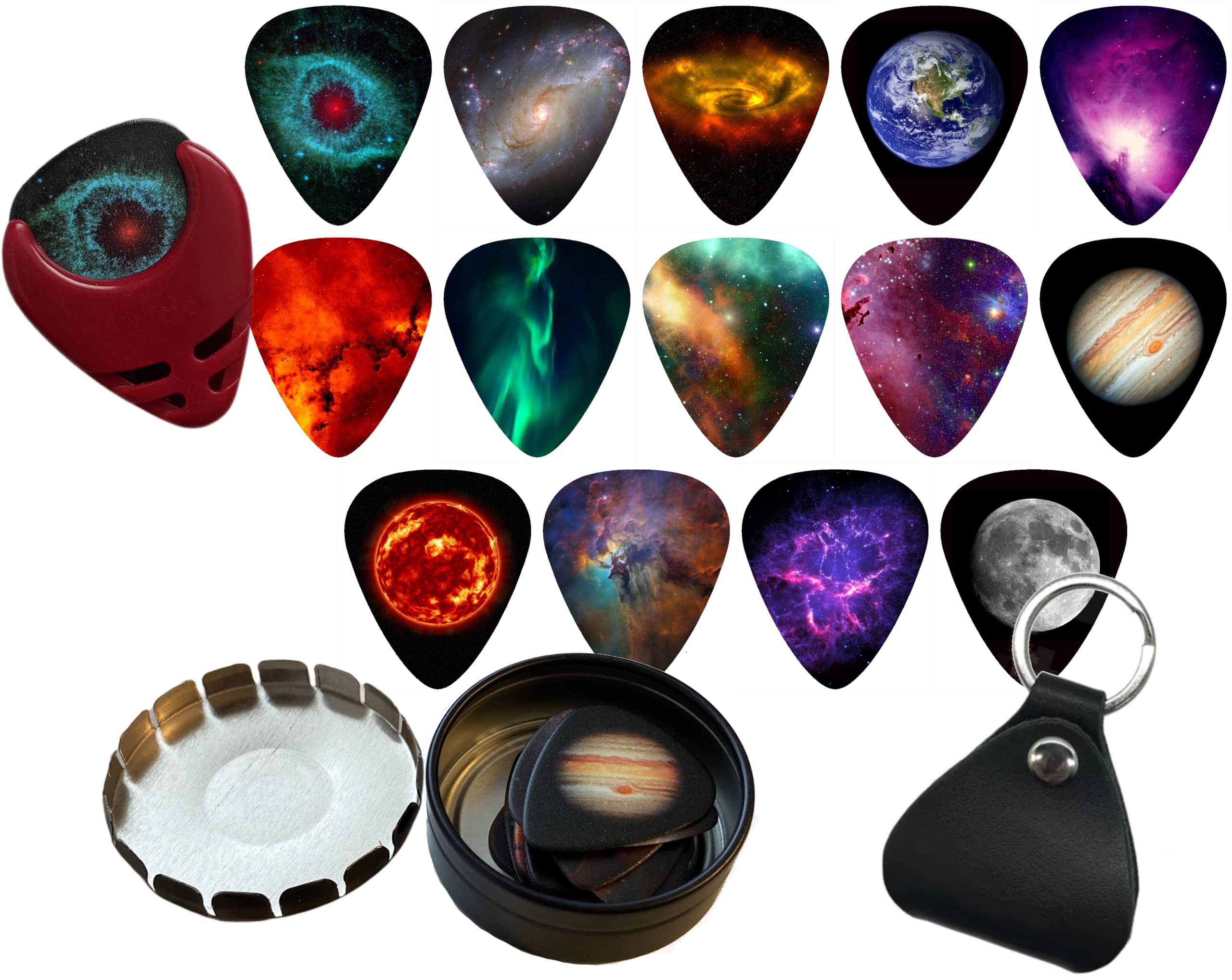 14-Pack Space Universe Guitar Picks Medium .71mm Pack of 14 Epic Guitar Picks with BONUS Guitar Pick Holder (will be random color) Leather Guitar Pick Keychain Holder and Tin Carrying Storage Case