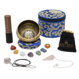 wish well tibetan singing bowl set ~ 4" sound bowl with 7 chakra crystal stones, rose quartz pendulum, fabric case, cushion, & mallet ~ perfect for meditation, yoga, spiritual healing, & mindfulness