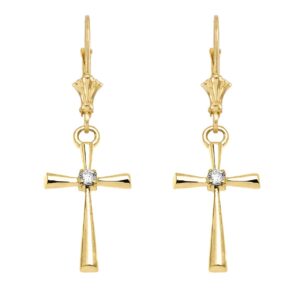 Certified 14k Yellow Gold Solitaire Diamond Cross Leverback Earrings