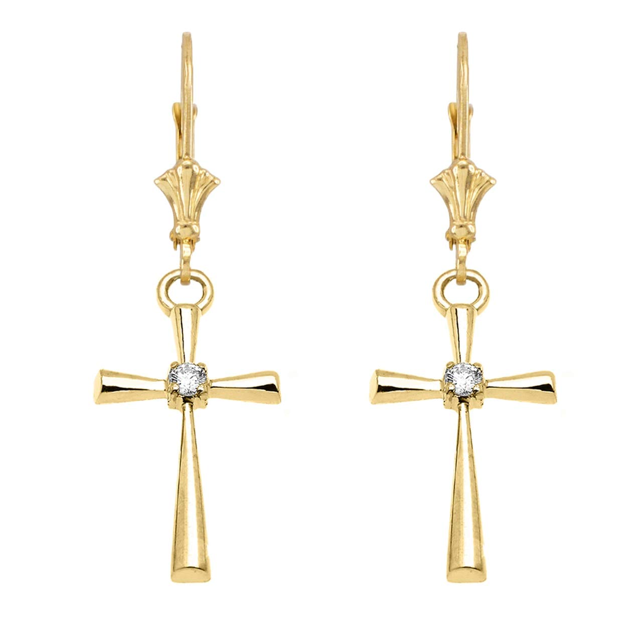 Certified 14k Yellow Gold Solitaire Diamond Cross Leverback Earrings