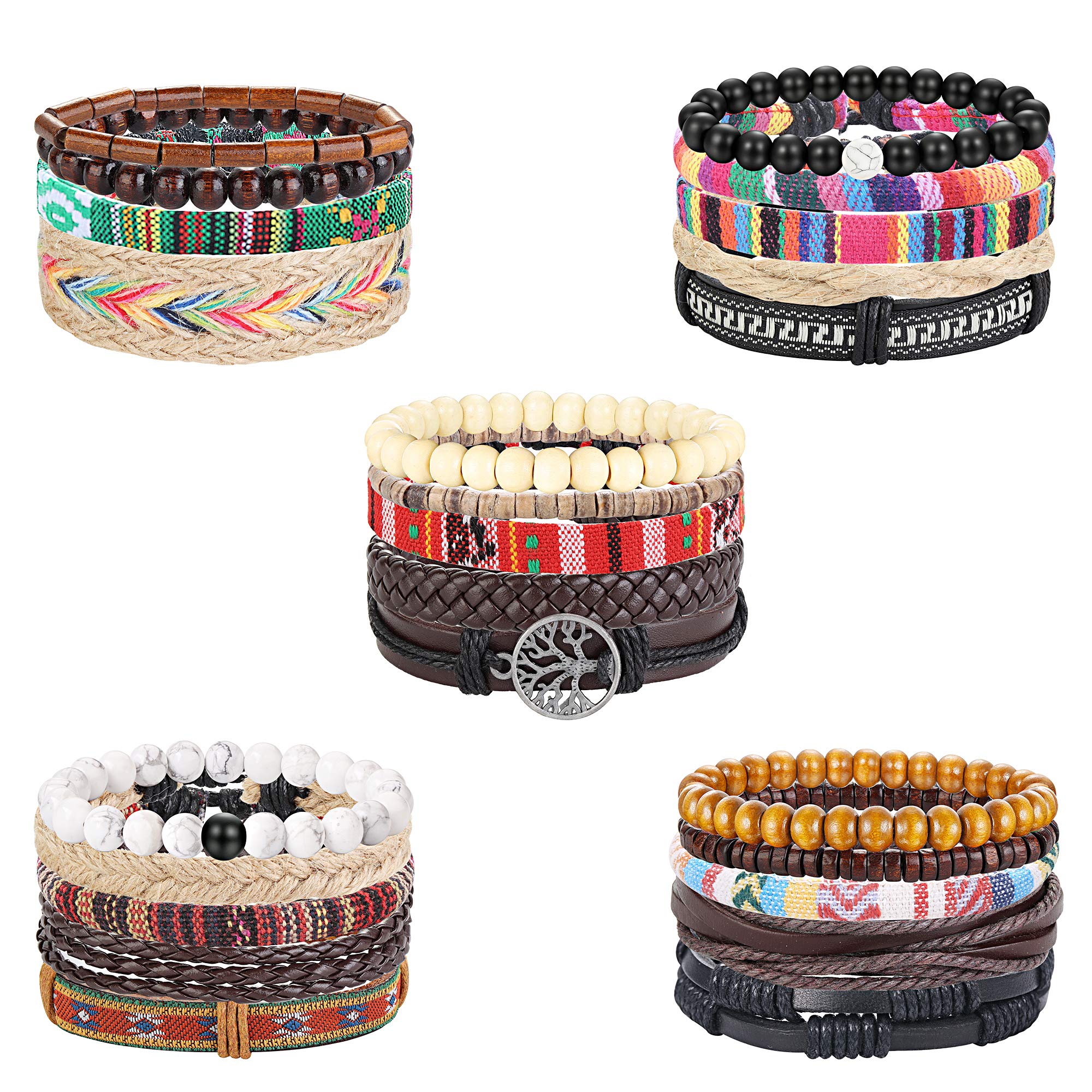 FINREZIO 24 Pcs Braided Leather Bracelet Set For Women Men Wristbands Boho Ethnic Tribal Linen Hemp Cords Beads Wrap Bracelets String Handmade Jewelry