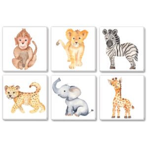 TEXTURE OF DREAMS Watercolor Cute Baby Africa Jungle Animals Print on Canvas Wall Art, Lion Monkey Elephant Giraffe Leopard Zebra, Safari Wild Animals Nursery Boy Room Decor 6 Pack (10" x 10")