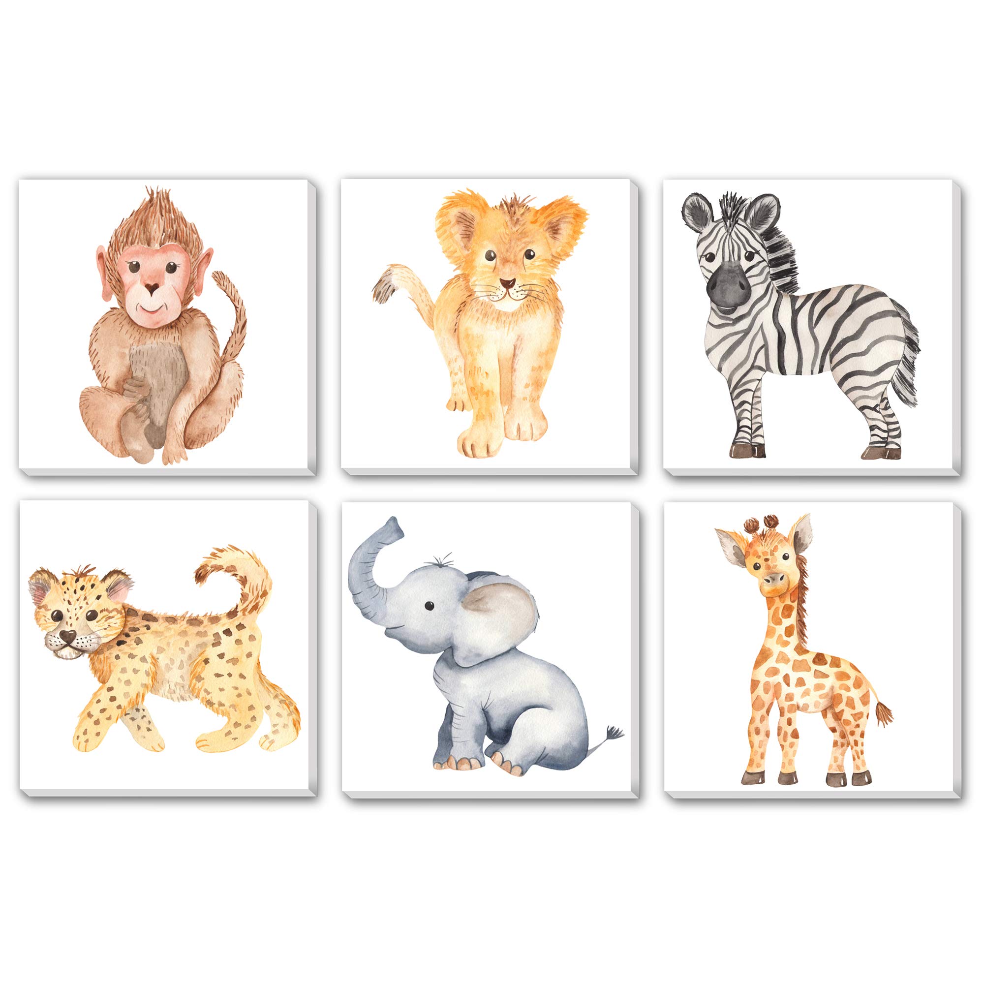 TEXTURE OF DREAMS Watercolor Cute Baby Africa Jungle Animals Print on Canvas Wall Art, Lion Monkey Elephant Giraffe Leopard Zebra, Safari Wild Animals Nursery Boy Room Decor 6 Pack (10" x 10")