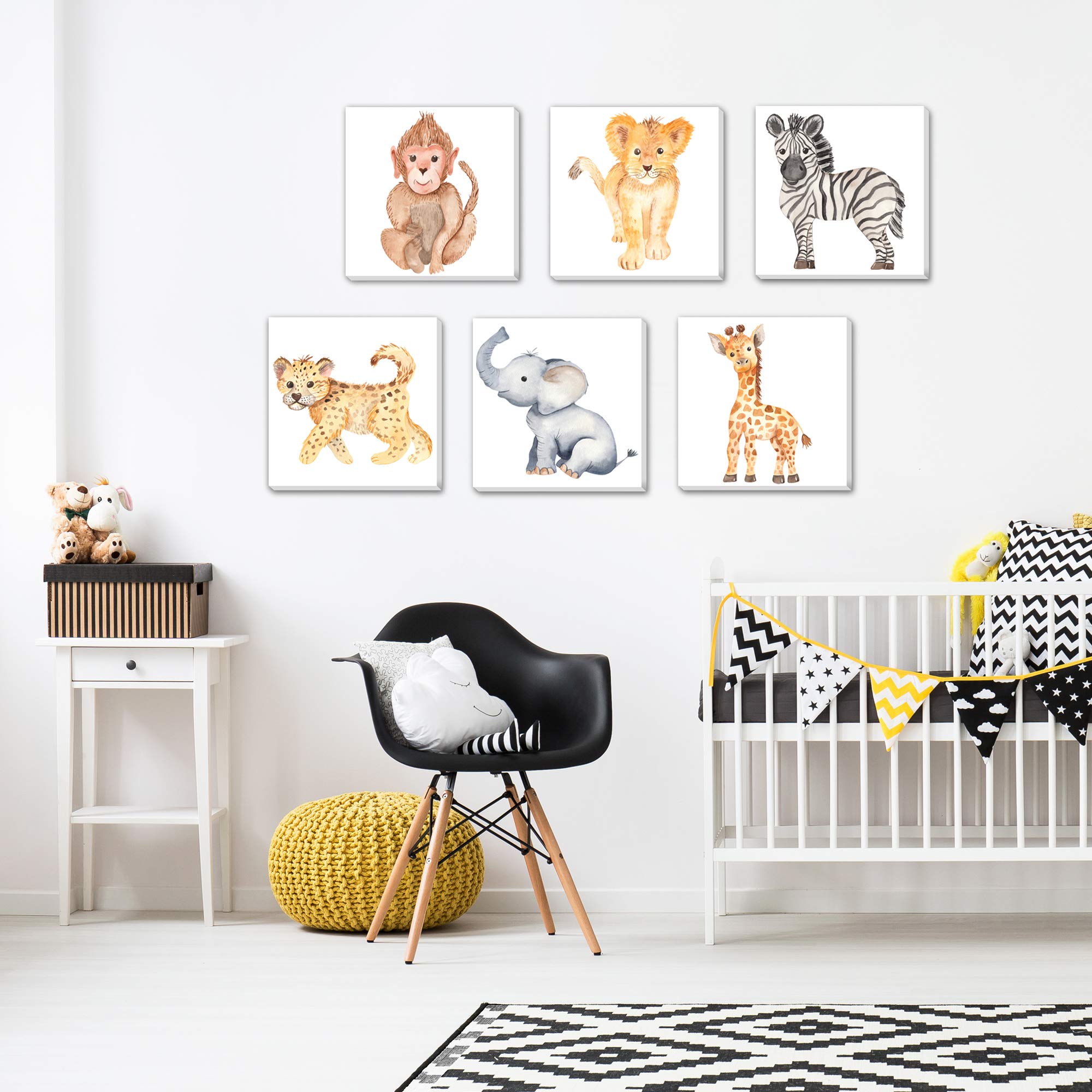 TEXTURE OF DREAMS Watercolor Cute Baby Africa Jungle Animals Print on Canvas Wall Art, Lion Monkey Elephant Giraffe Leopard Zebra, Safari Wild Animals Nursery Boy Room Decor 6 Pack (10" x 10")