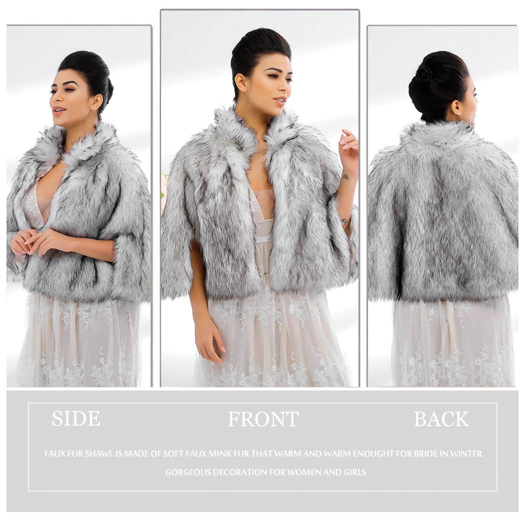 Catery Women’s Faux Fur Wraps and Shawls Bridal Wedding Cape Fur Stole Scarf Bride Scarves Shrug Winter Cover Up Accessories for Women and Girls(White+Black)