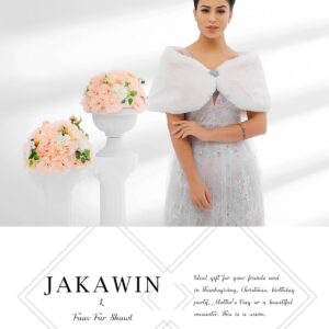 JAKAWIN Women’s Faux Rabbit Fur Wraps and Shawls Bride Wedding Fur Stole Bridal Fur Shrug for Women (S-M,White)