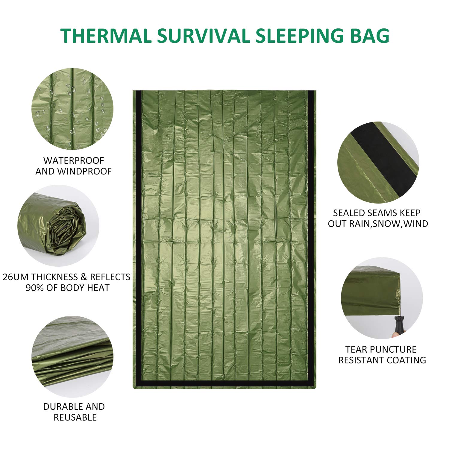 Zmoon Emergency Sleeping Bag 2 Pack Lightweight Survival Sleeping Bags Thermal Bivy Sack Portable Emergency Blanket for Camping, Hiking, Outdoor, Activities (Green)