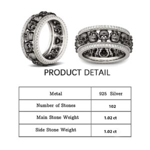 Jeulia Black Skull Rings for Women Mens Sterling Silver Biker Band Style Rings Two Tone Plated Stackable Wedding Bands White Diamond Bridal Set Engagement Anniversary Promise rings for Her (7.5)