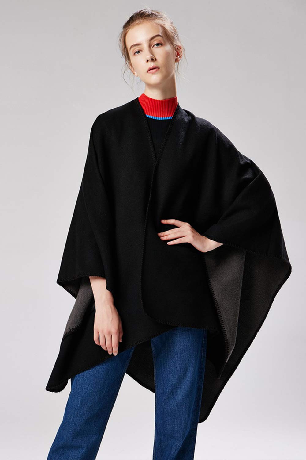 Lncropo Women's Shawls Wraps Winter Open Front Poncho Cape Oversized Cardigan Sweater,Series 1-2-black