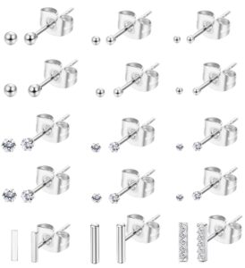 cassieca 15 pairs stainless steel tiny bar stud earrings small cz ball cartilage piercing mini stick line barbell stud earring set for women men 2mm-4mm