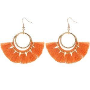 BaubleStar Fan Tassel Earrings Orange Bohemian Gold Hoop Dangle Fringe Drop Thread Tiered Layered Tassle Fashion Jewelry for Women