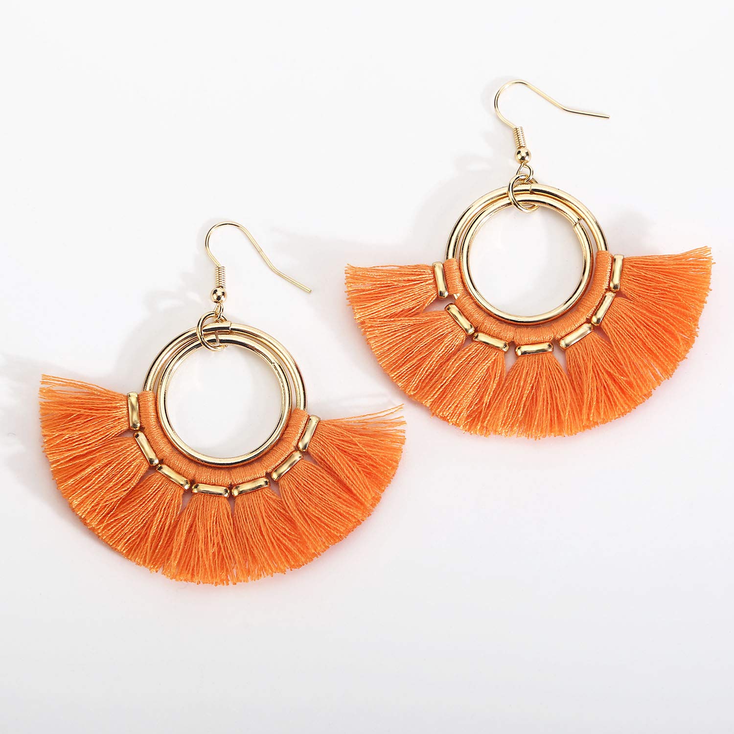 BaubleStar Fan Tassel Earrings Orange Bohemian Gold Hoop Dangle Fringe Drop Thread Tiered Layered Tassle Fashion Jewelry for Women