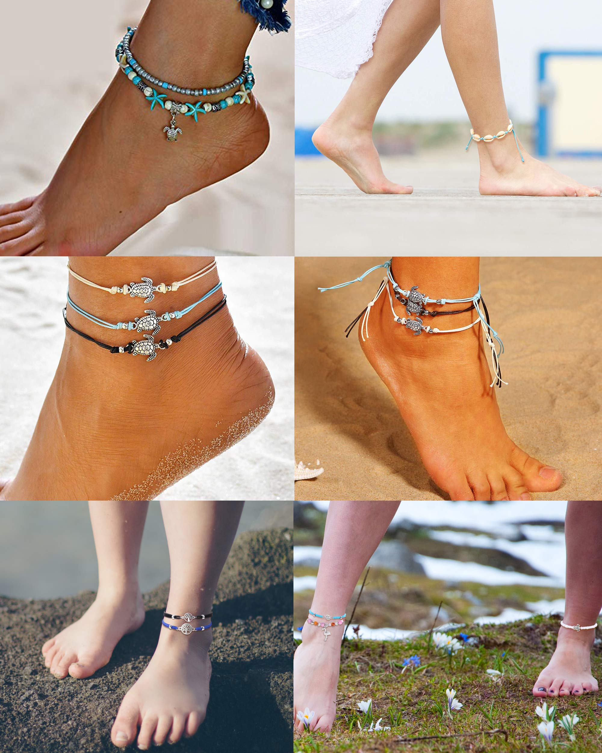 LOYALLOOK 18Pcs Anklet Bracelets for Women Ankle Chain Turtle Wave Anklet Beach Ankle Bracelets Foot Jewelry for Women