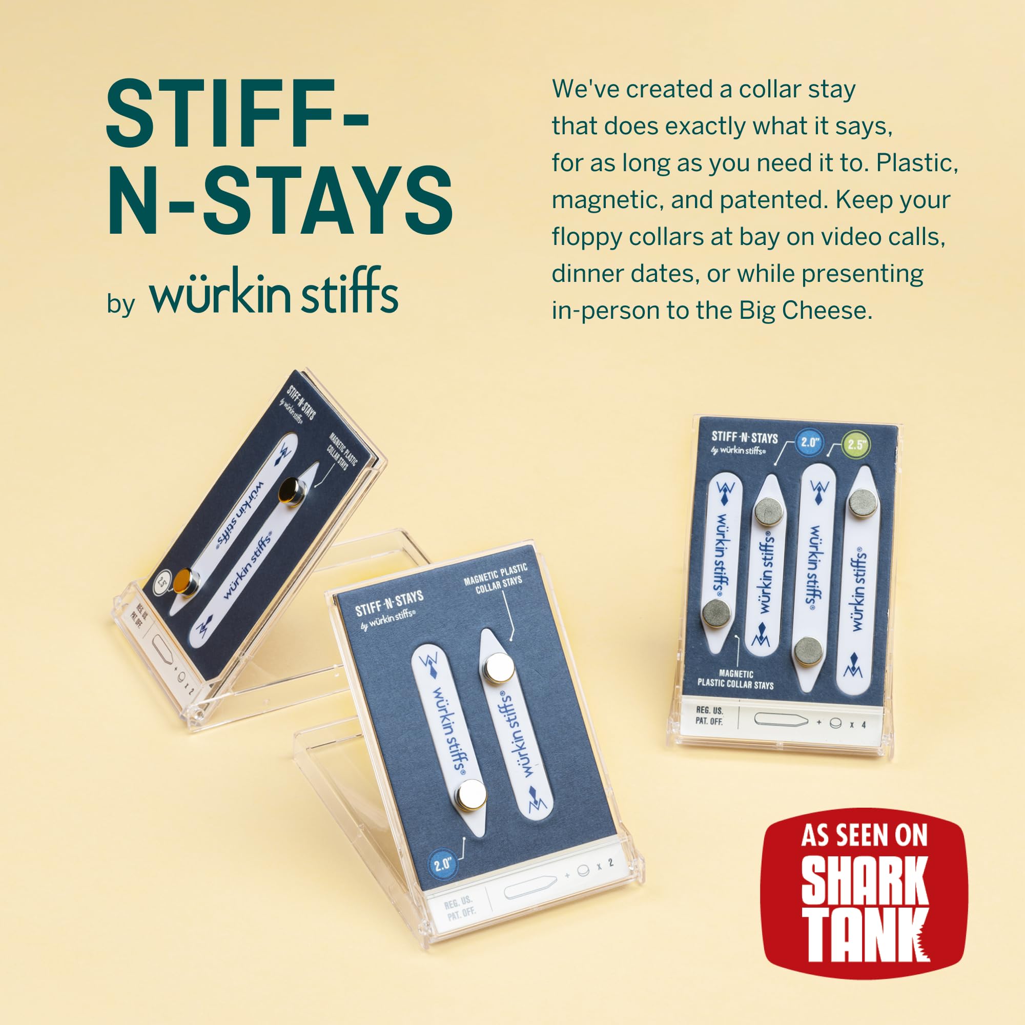 Würkin Stiffs Stiff-N-Stay Magnetic Collar Stays for Men – 2.0” and 2.5" Plastic Power Stays, 2 Pair Set with Case - Adjustable & Durable Shirt Collar Straighteners - As Seen on Shark Tank