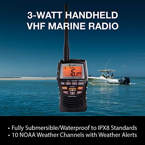 Cobra Marine Radio - MR HH150 FLT - 3 Watt, Floating, Long Range, Handheld, VHF Radio, NOAA, International, Waterproof, Submersible, Weather Alerts, LCD Screen, Belt Clip