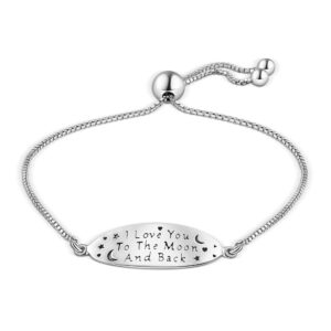 PORI JEWELERS 925 Sterling Silver I Love You To The Moon and Back Inspirational Quote Adjustable Charm Bracelet - Yellow or Silver (Silver)