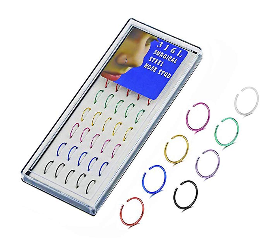 Greendou Fashion Jewelry Nose Hoop Ring,40pcs 22G Multicolor Nose Studs Rings,Stainless Steel Body Jewelry Piercing Nose Rings