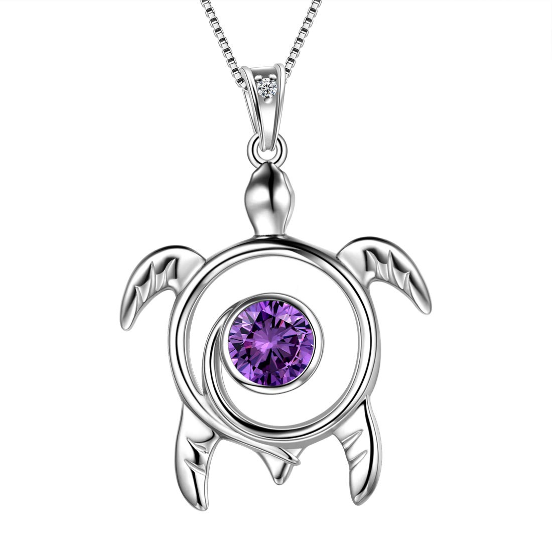 Aurora Tears Turtle Necklace Customized Birthstone 925 Sterling Silver Sea Animal Personalized Turtle Pendant Women Cute Jewelry DP0172 (B.Purple-February-Amethyst)