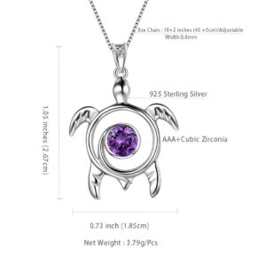 Aurora Tears Turtle Necklace Customized Birthstone 925 Sterling Silver Sea Animal Personalized Turtle Pendant Women Cute Jewelry DP0172 (B.Purple-February-Amethyst)