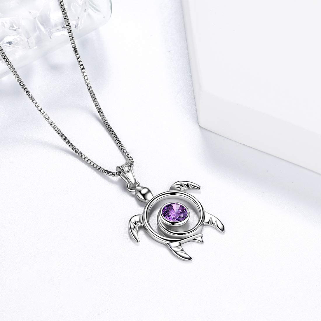 Aurora Tears Turtle Necklace Customized Birthstone 925 Sterling Silver Sea Animal Personalized Turtle Pendant Women Cute Jewelry DP0172 (B.Purple-February-Amethyst)