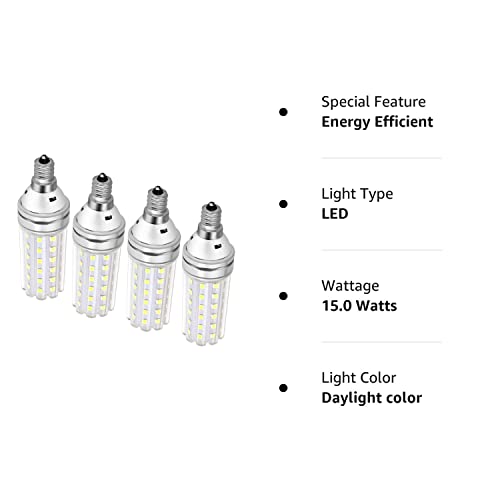 E12 Led Bulb 150 Watt Equivalent, 15W Led Candelabra Watt Light Bulbs 1500Lm Daylight White 6000k Led Chandelier Bulbs, Decorative Candle Base Non-Dimmable 4 Packs (Daylight White)