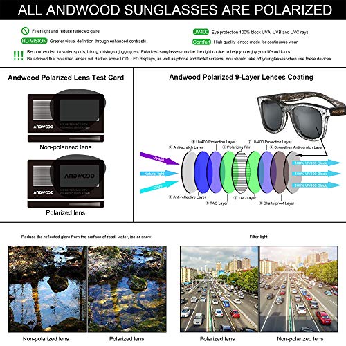 ANDWOOD Wood Sunglasses Polarized for Men Women Uv Protection Wooden Bamboo Frame Mirrored Sun Glasses Green Shades