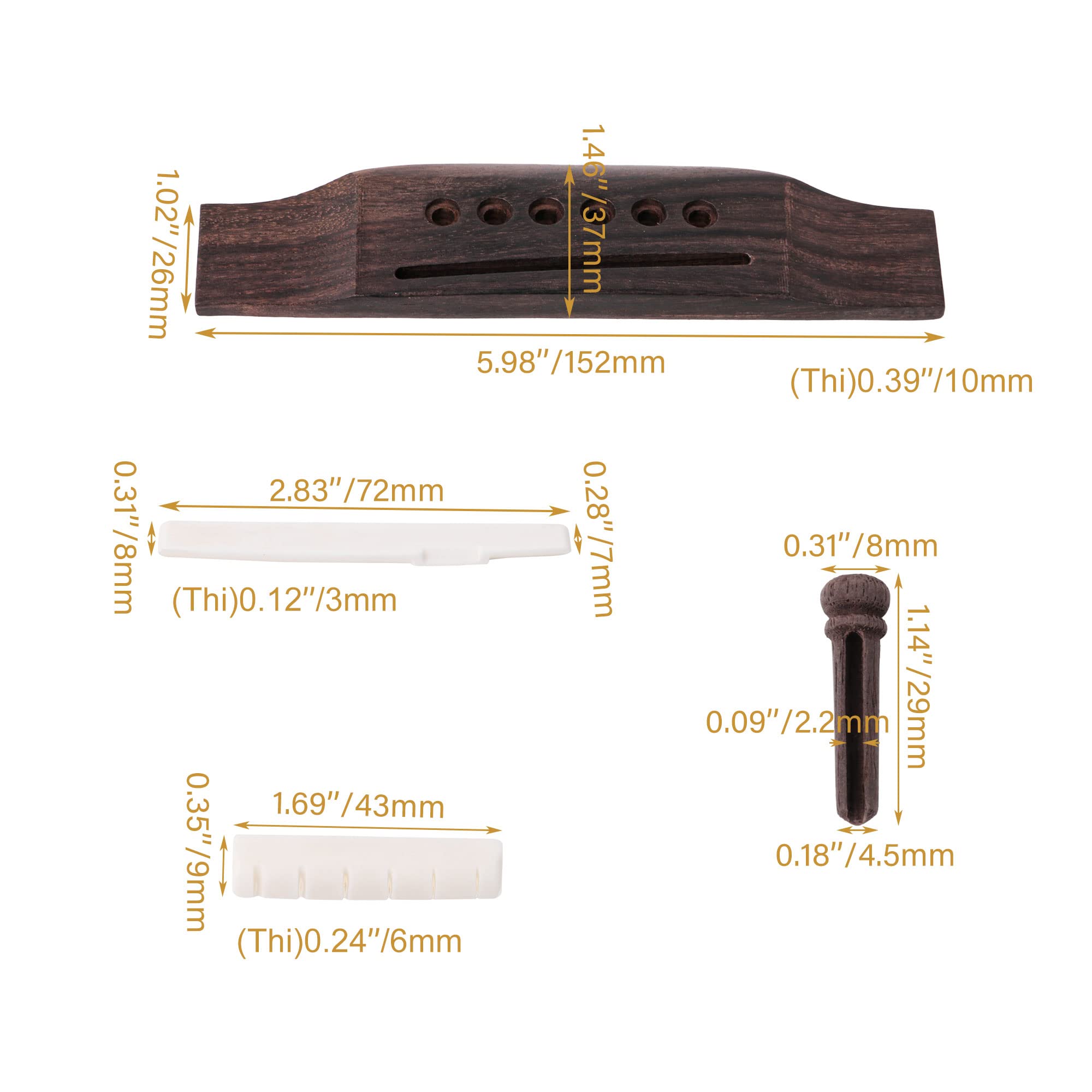 Lovermusic Set of 3 Rosewood Bridge Pins & Bone Saddle & Bone Guitar Nut for Folk Guitar