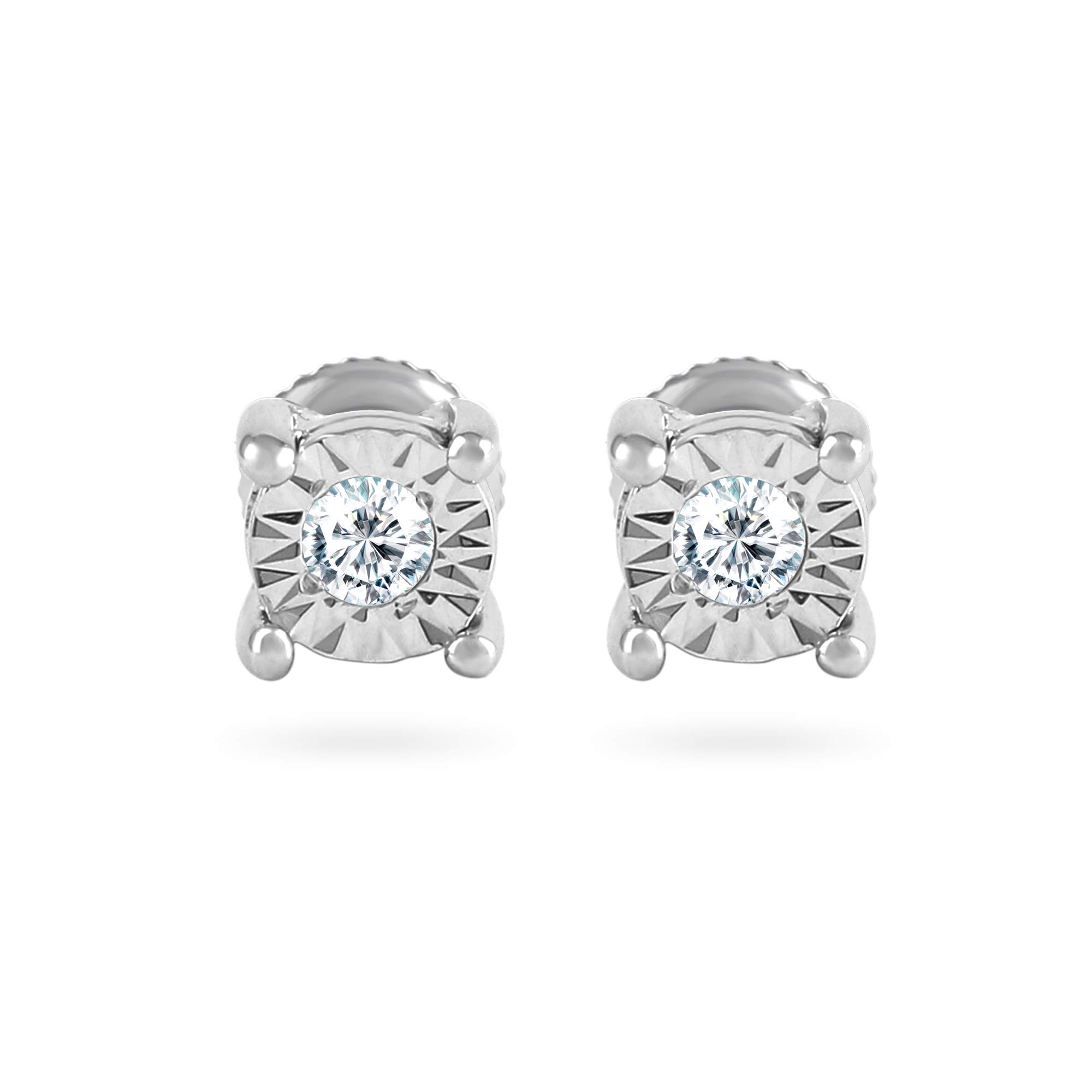 14k White Gold Diamond Miracle Plate Stud Earrings for Women (0.05 cttw, Color- IJ, Clarity I2/I3) 4-Prong Basket Set, Screw-Back Clasps Diamond Stud Earrings