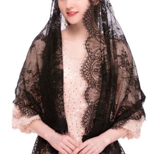 PAMOR Rectangular Chapel Veil Spanish Lace Floral Mantilla Veils Wrap Shawl Mass Head Covering (Black)